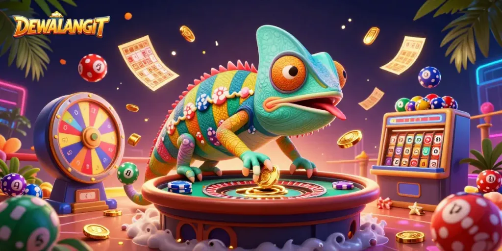 DEWALANGIT menyajikan ilustrasi kasin 3D kartun lengkap dengan elemen permainan berwarna-warni yang dinamis.
