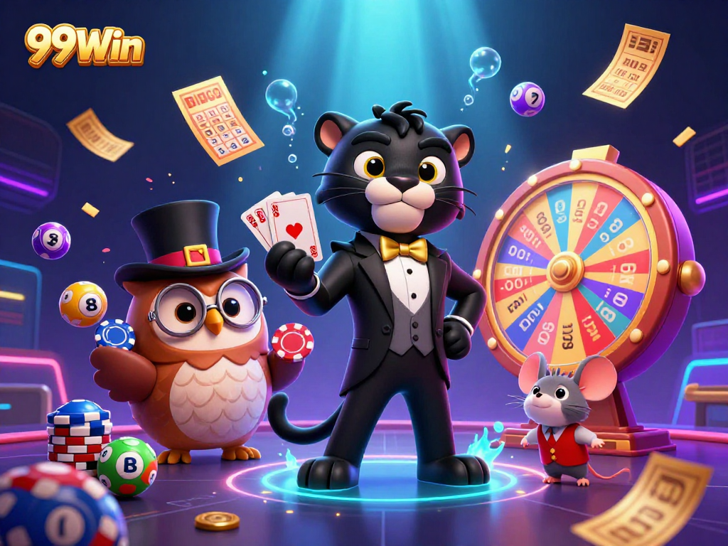 Engage with 99Win in a vibrant casino scene featuring a stylish black panther dealer, a wise owl, and a lucky mouse amidst sparkling lottery balls and gold tickets.