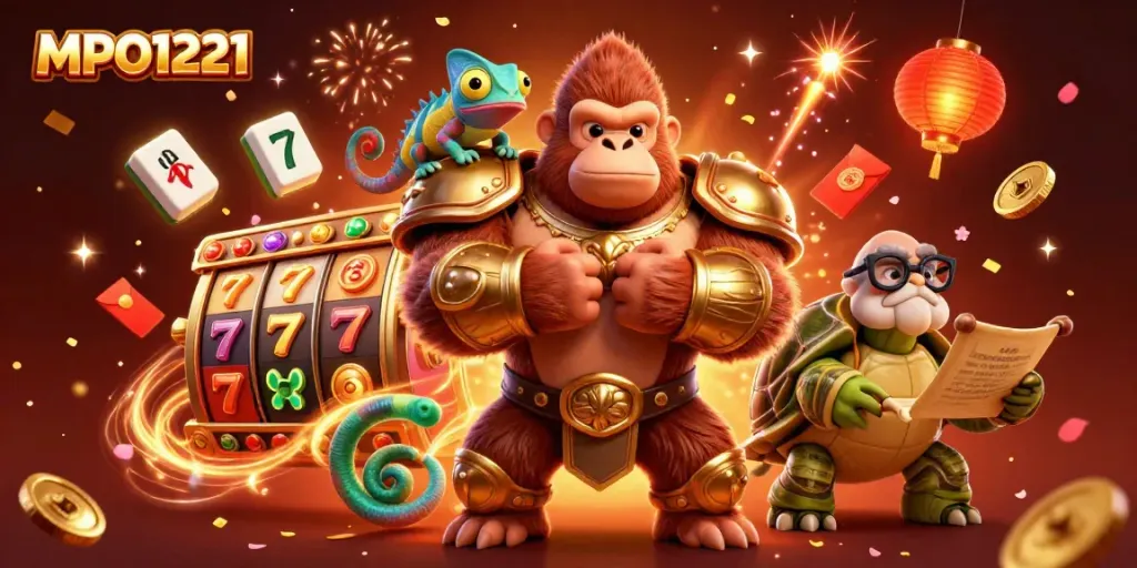 MPO1221 powerful gorilla king and chameleon companion celebrate winning at the slot game under vibrant fireworks.