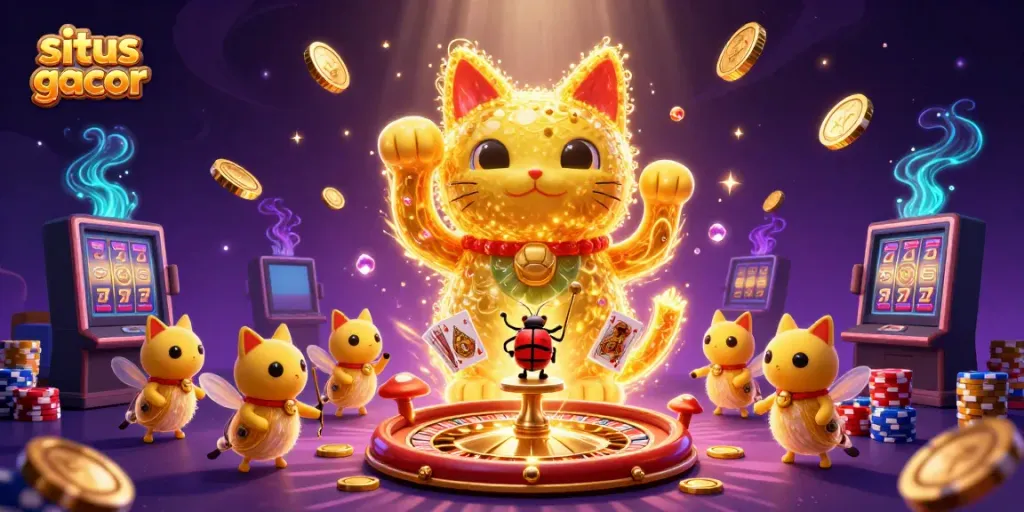 Aksi menang di situs gacor dengan simbol slot dan kucing keberuntungan dikelilingi oleh koin emas dan kartu bermain.