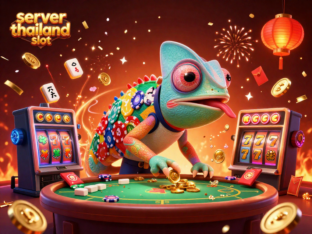 Spin to win with server thailand slot as the chameleon casino owner watches over festive casino elements.