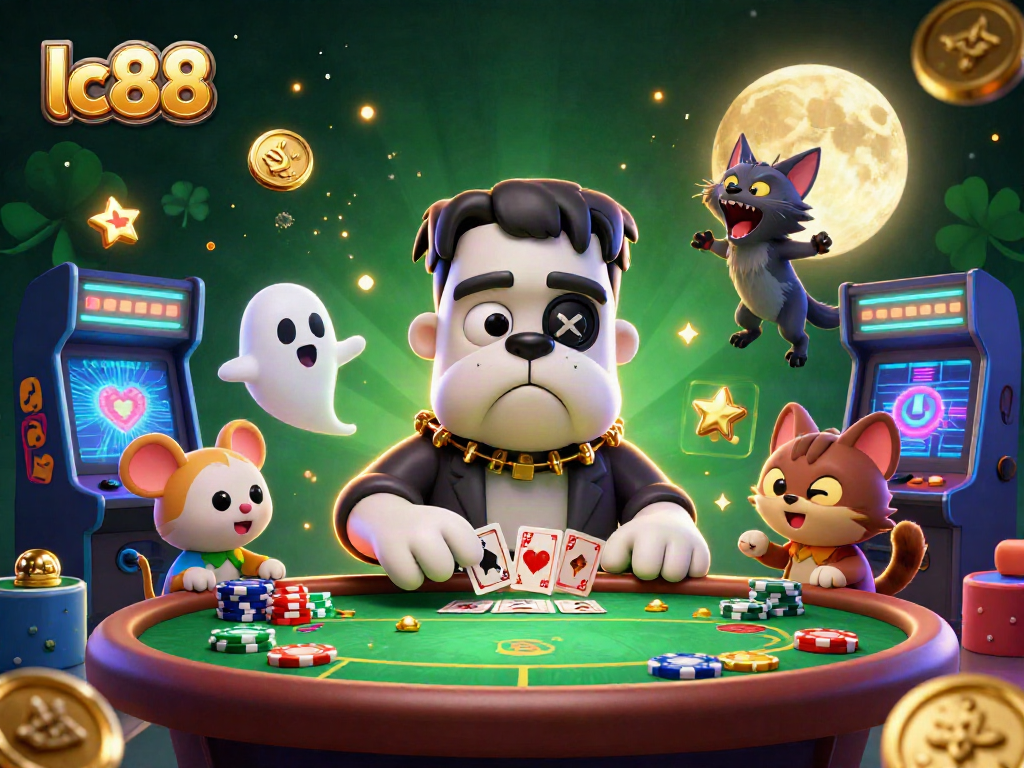 lc88 showcases a lively poker night with a Frankenstein bulldog and a ghost mouse amidst colorful gaming elements.