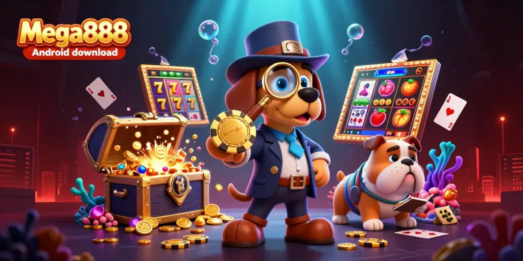 Engage with Mega888 Android download in an exciting 3D casino adventure featuring a detective and whimsical characters.