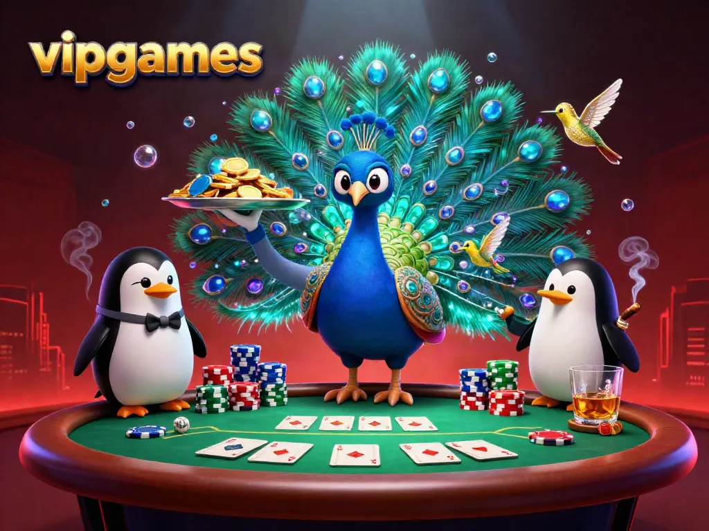 Engage at vipgames with a vibrant poker scene showcasing a peacock, penguin, and hummingbird.