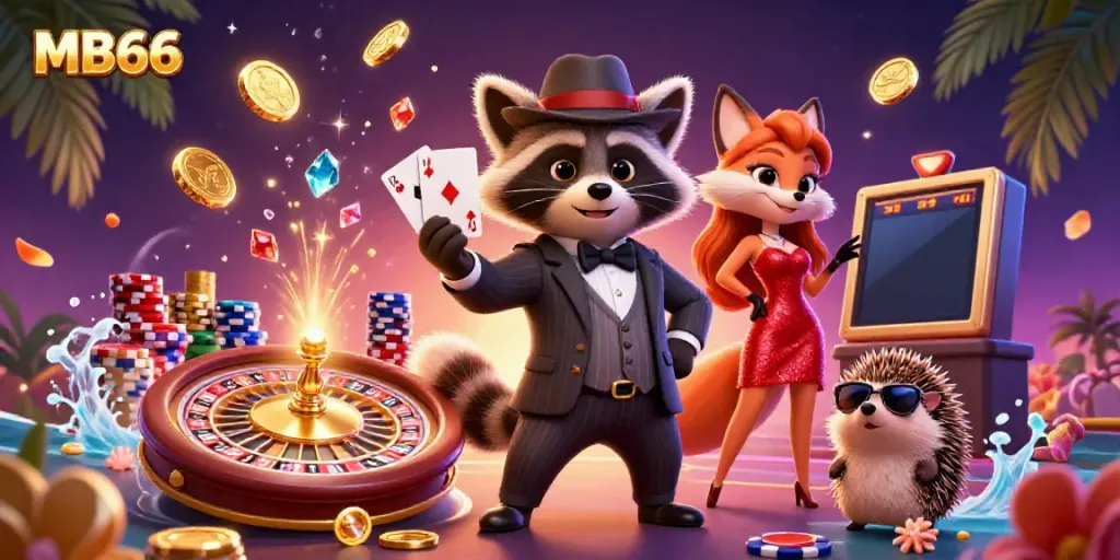 Experience thrilling gameplay at MB66 with a raccoon, fox, and hedgehog enjoying a vibrant casino scene.