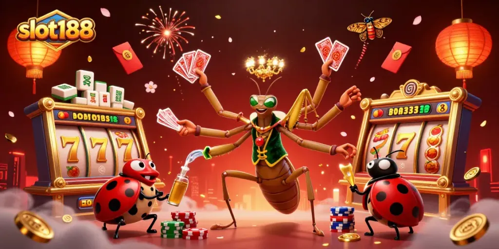 Slot188 merayakan jackpot dengan gambar mantis raksasa dan simbol keberuntungan lainnya di kasino.