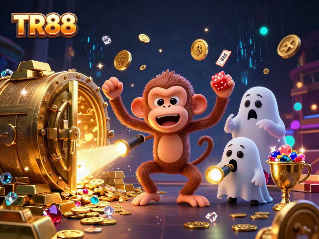 Experience the playful TR88 scene with a mischievous monkey and ghost-hunter puppy surrounded by golden treasures.