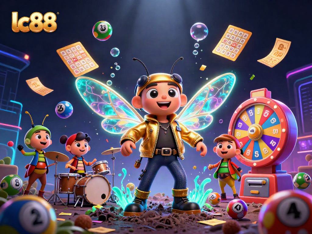 Engage in lc88 lottery excitement with a vibrant and dynamic 3D illustration featuring a cicada rock star and colorful elements.