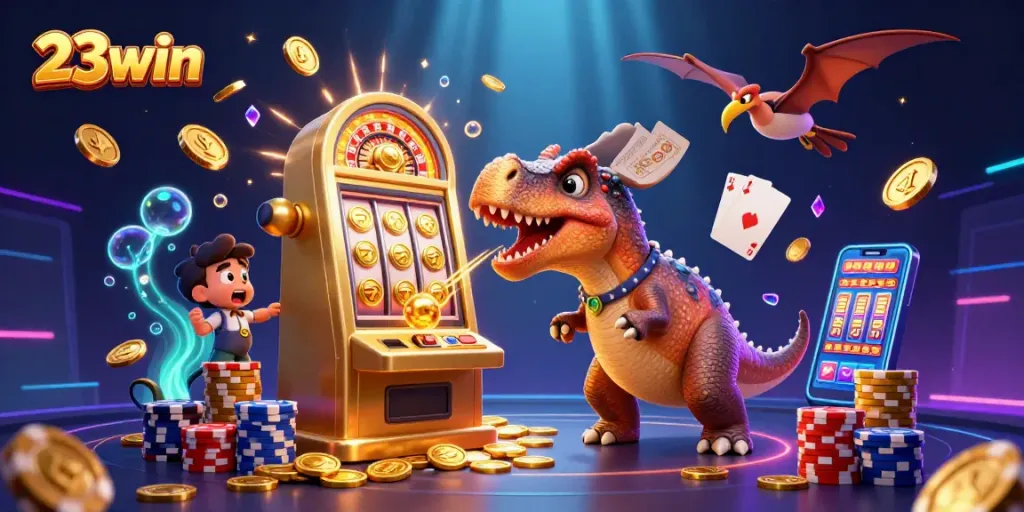 Experience 23win's thrilling jackpot excitement with a dynamic casino scene of animated dinosaurs.