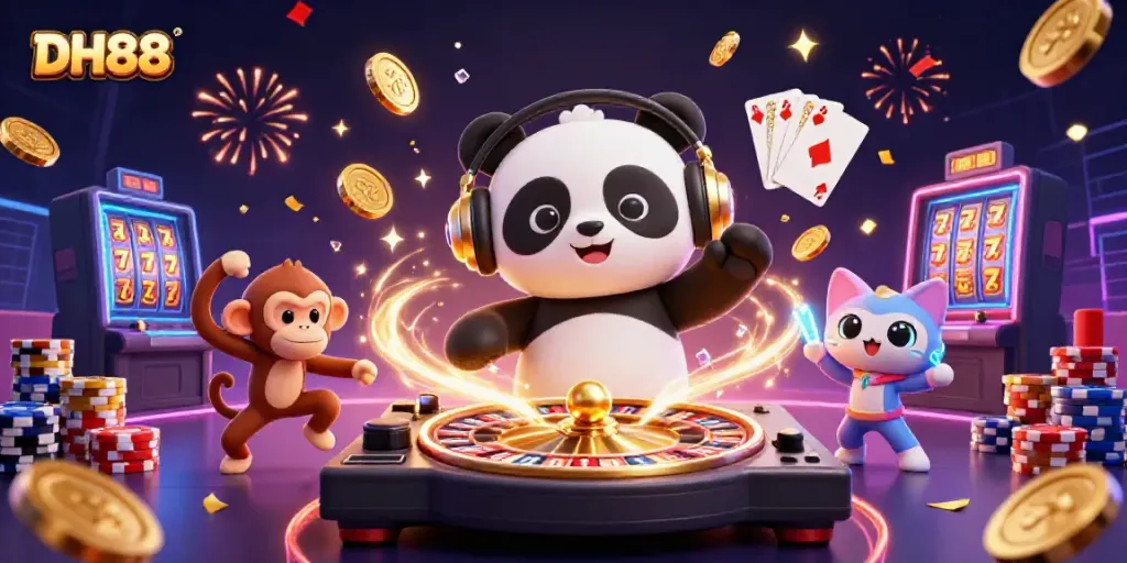 Winning big with DH88: A vibrant 3D scene of a DJ panda, breakdancing monkey, and glowing kitten amidst casino games.