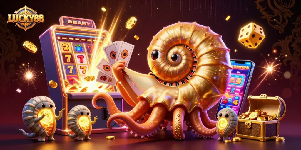 Experience thrilling gameplay with LUCKY88 at a vibrant online casino featuring ancient nautilus and glowing treasures.