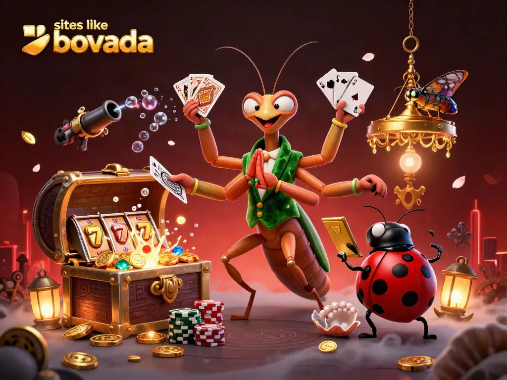 Engage in thrilling games at sites like Bovada with vibrant illustrations of slot reels and playful characters.