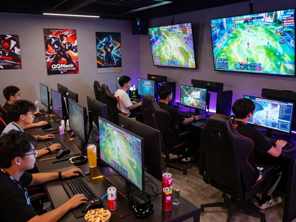Gamers engaging with QQMacan in a vibrant esports lounge.