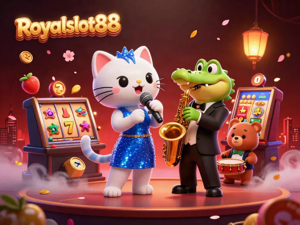 Raih kemenangan di Royalslot88 dengan slot menarik yang dikelilingi oleh karakter unik dalam suasana pesta.