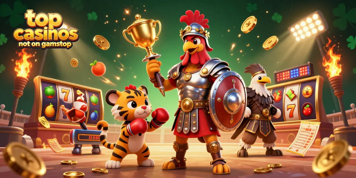 Engage with top casinos not on gamstop featuring a 3D animated scene of a gladiator rooster and a tiger cub.