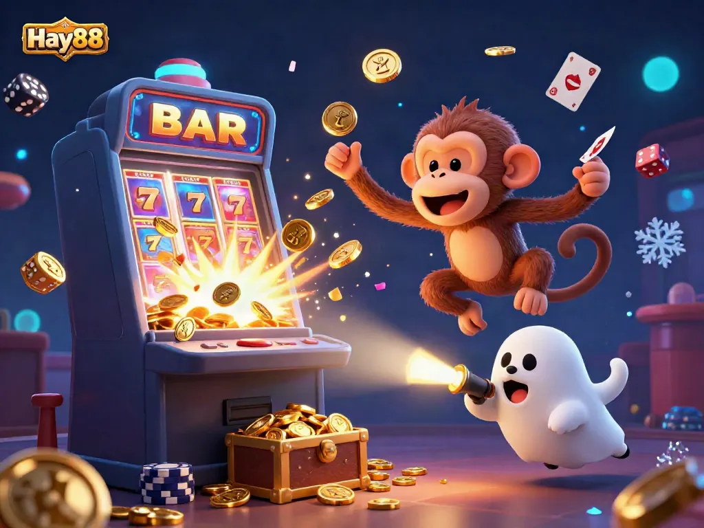 Experience the excitement of Hay88 with a mischievous poltergeist monkey juggling golden coins and cards in a lively casino setting.