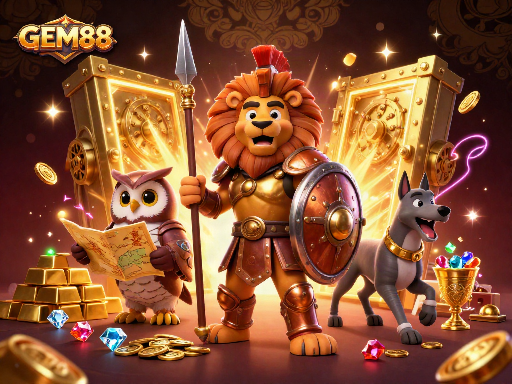 Engage with GEM88 in a vibrant casino illustration featuring a heroic Spartan lion, wise owl, and swift greyhound, amidst treasures.