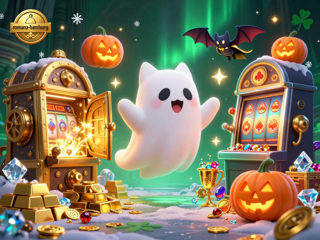 Experience the haunted thrills of romana-hamburg with a ghost cat winning around glowing poker jack-o-lanterns.