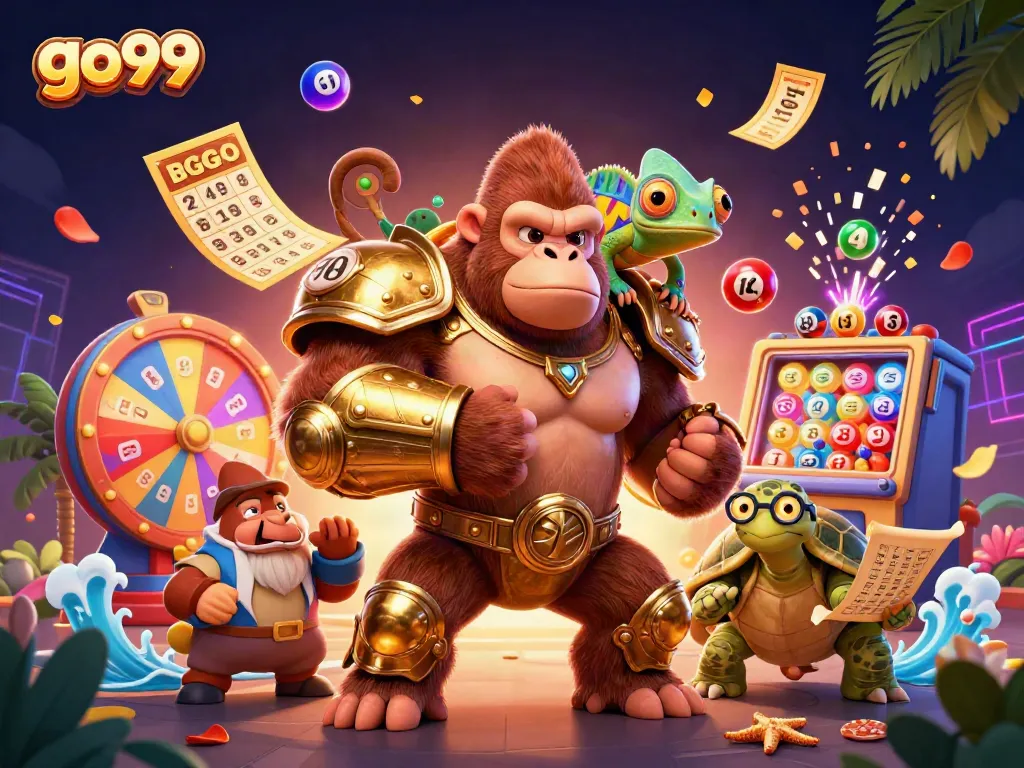 Join the excitement at go99 with vibrant lottery balls and engaging characters in an immersive casino scene.