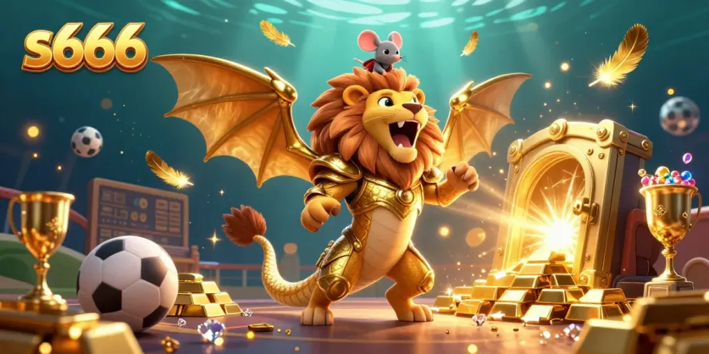Engage in thrilling betting with s666 as a powerful chimera and mouse jockey symbolize victory among golden treasures.