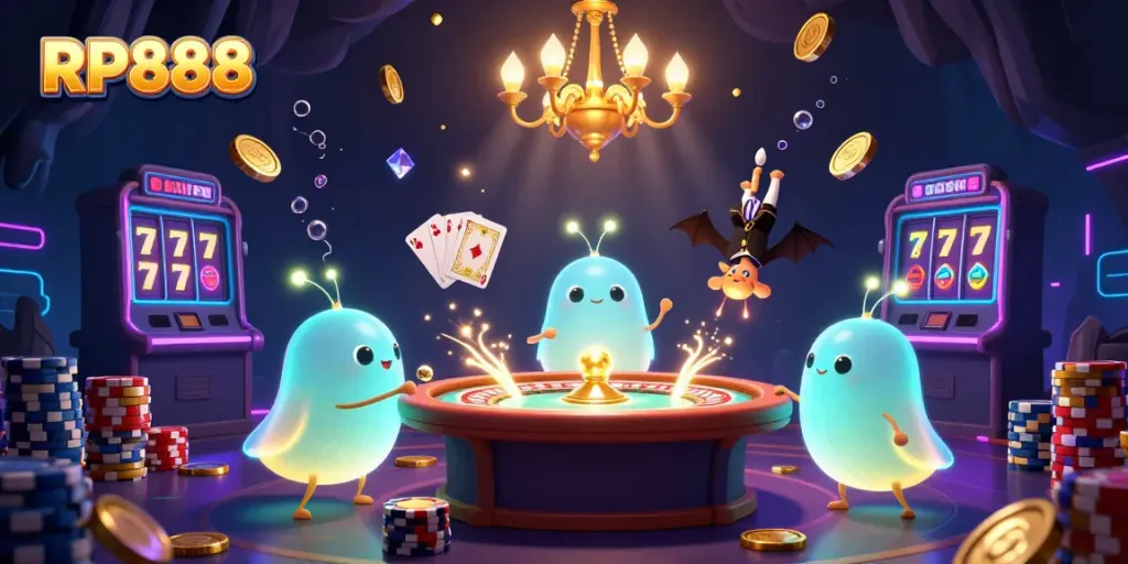Enjoy the thrilling RP888 casino experience highlighted by glowing glowworms and a bat dealer in a vibrant cave casino.
