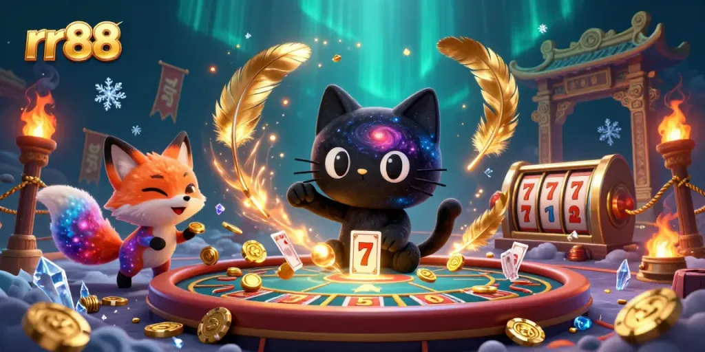 Engage with the cosmic rr88 casino experience, featuring a black hole cat and nebula fox at a dynamic gaming table.