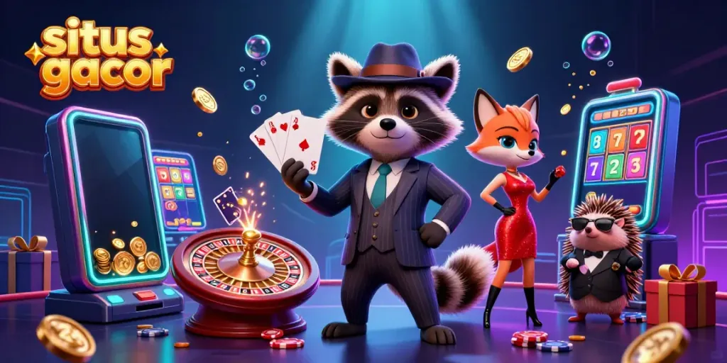 Slot gacor menunjukkan rakun, rubah, dan landak di kasino, penuh koin berkilau.