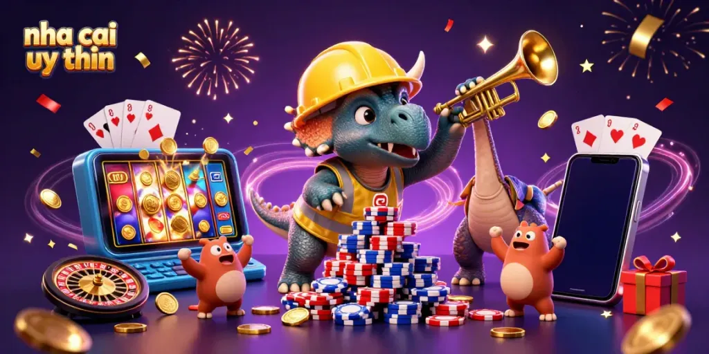 Engage in exciting gambling experiences with "nha cai uy tin", featuring festive characters and vibrant gameplay elements.