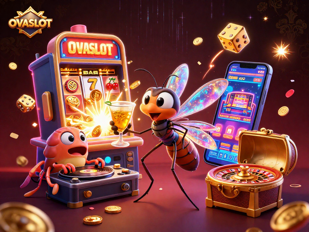 Experience OVASLOT's vibrant casino adventure with a colorful jackpot explosion and dynamic 3D characters.