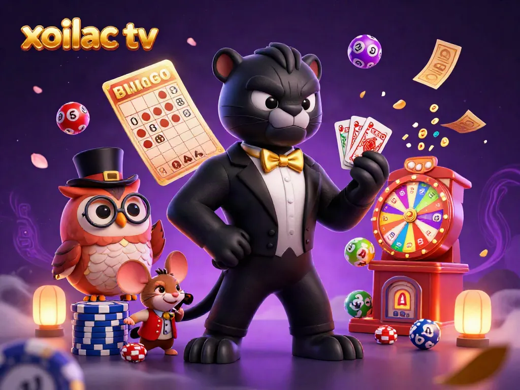 Engage with xoilac tv's thrilling action featuring a panther dealing cards, surrounded by colorful gambling elements.
