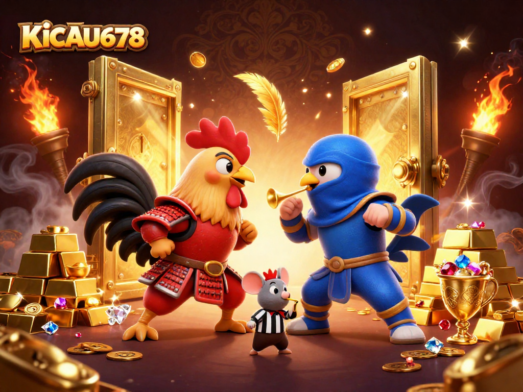 KICAU678 presents an epic showdown between samurai and ninja roosters in a casino setting.