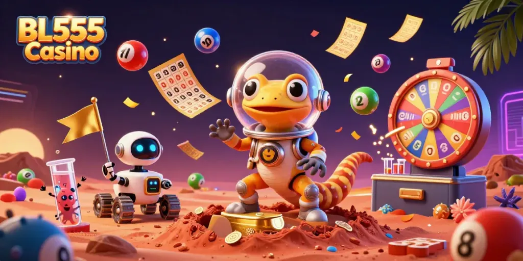 Experience the excitement of BL555 Casino with a vibrant Martian gecko scene filled with joyous gaming elements.