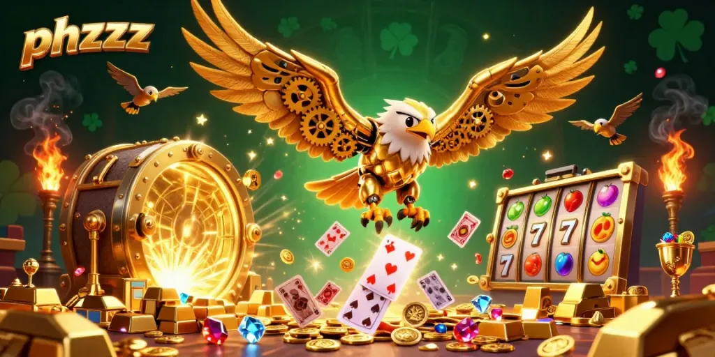 Experience high-stakes action with phzzz, as a golden eagle soars through a bursting treasure vault in a casino-themed scene.