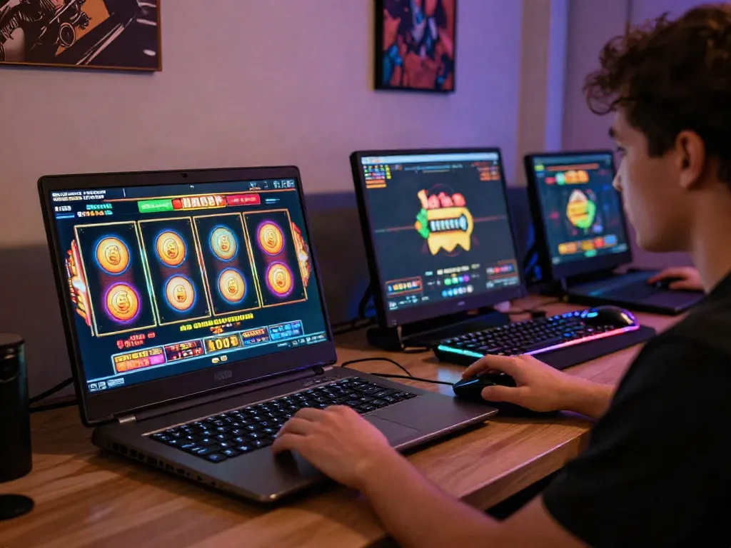 Engaging player enjoying ทดลองสล็อต on a sleek laptop in a cozy gaming setup.