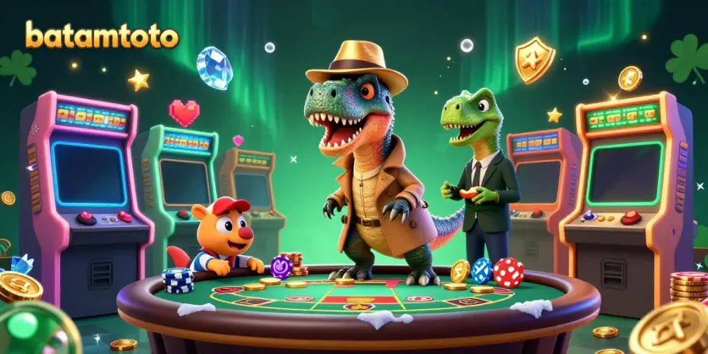 Experience the thrill of batamtoto with a velociraptor card counter at a vibrant casino scene.