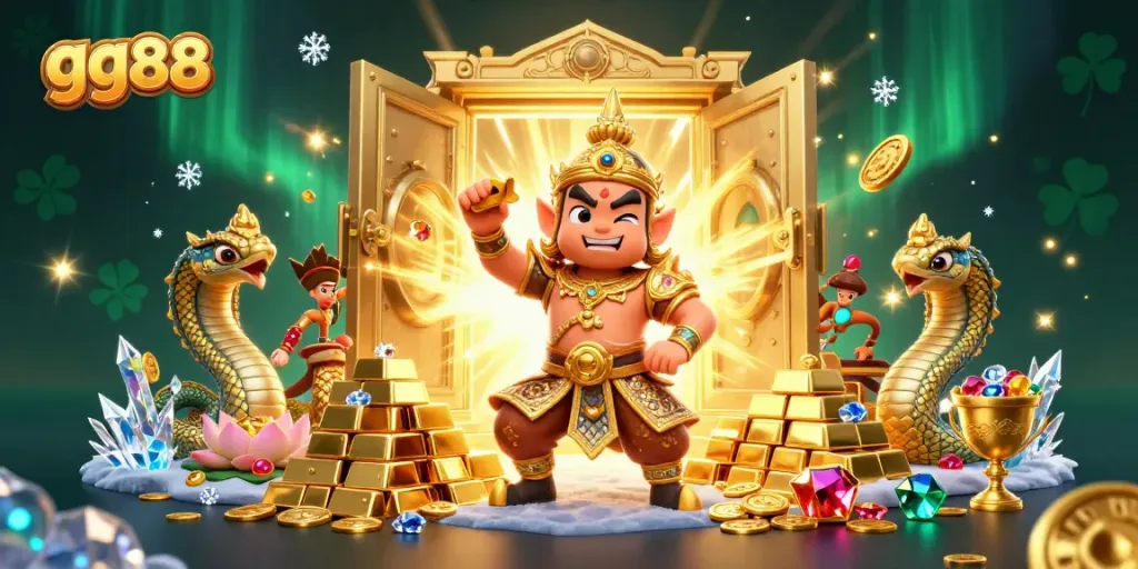 Win with gg88 by spinning in a vibrant Asian-themed online casino adorned with treasures and guardians.