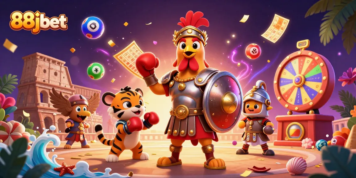88jbet captures the excitement of a dynamic gambling scene with animated lottery elements.