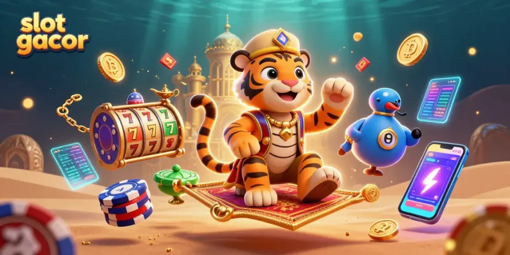 Engage with slot gacor games featuring a vibrant Arabian-themed casino scene.