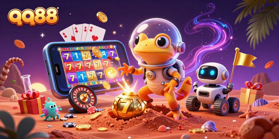 Engage with qq88's immersive gambling world featuring a Martian gecko in a casino adventure.