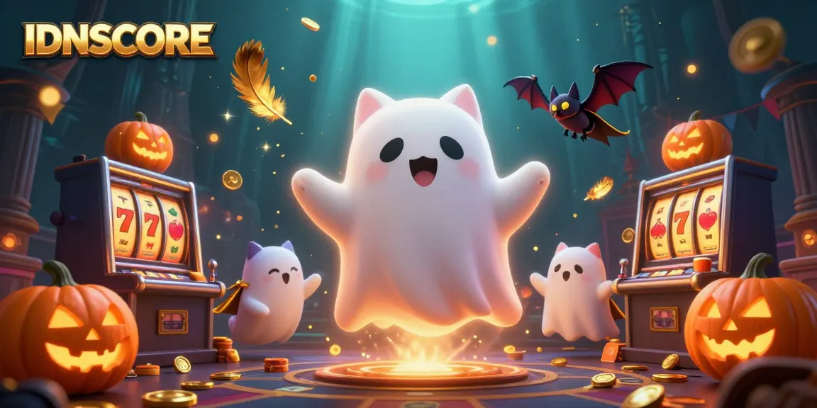 Engage with IDNSCORE in a vibrant casino scene featuring a friendly ghost cat, vampire bat, and glowing jack-o-lanterns.