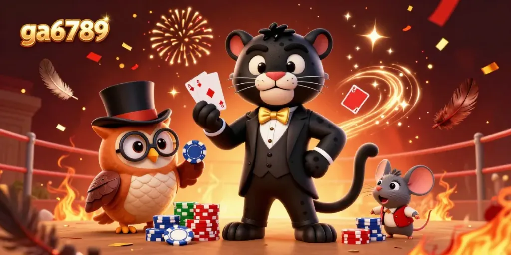 Engage with the excitement of ga6789 cockfighting, featuring a panther dealer, an owl with poker chips, and a mouse, all against a vibrant arena backdrop.