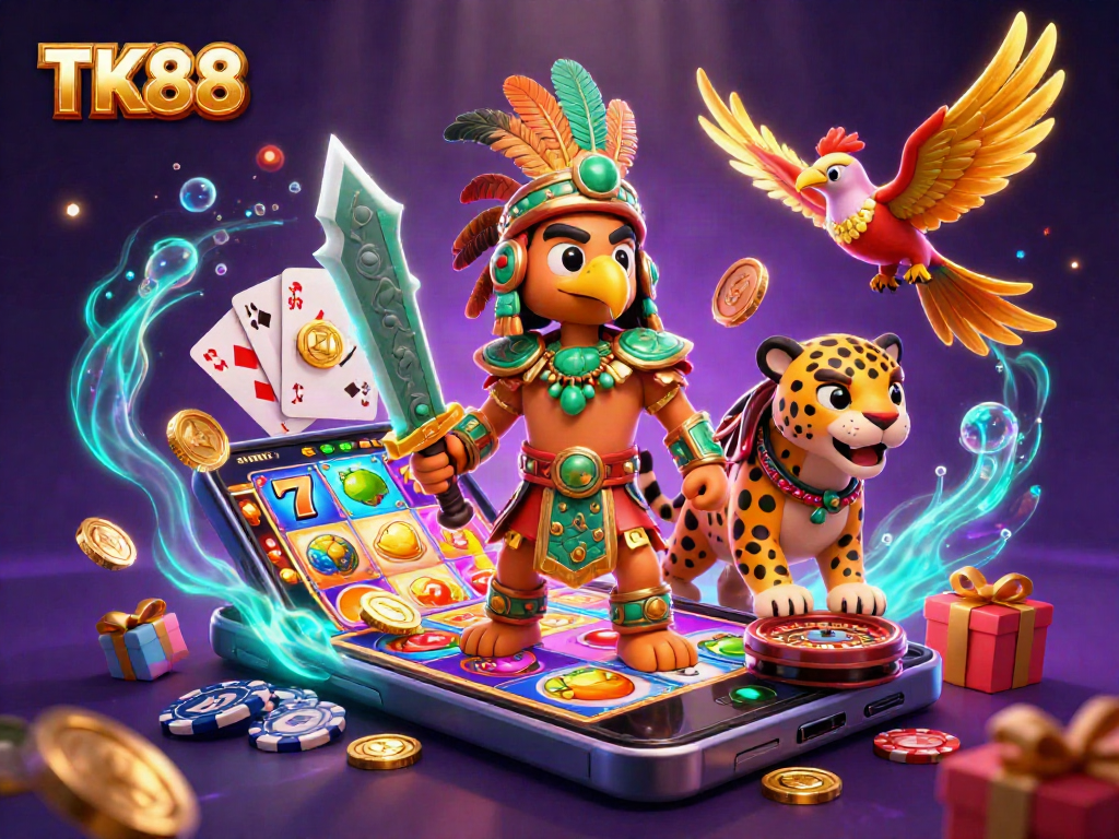 Spin and win with TK88 in a vibrant 3D casino adventure featuring colorful slot games.