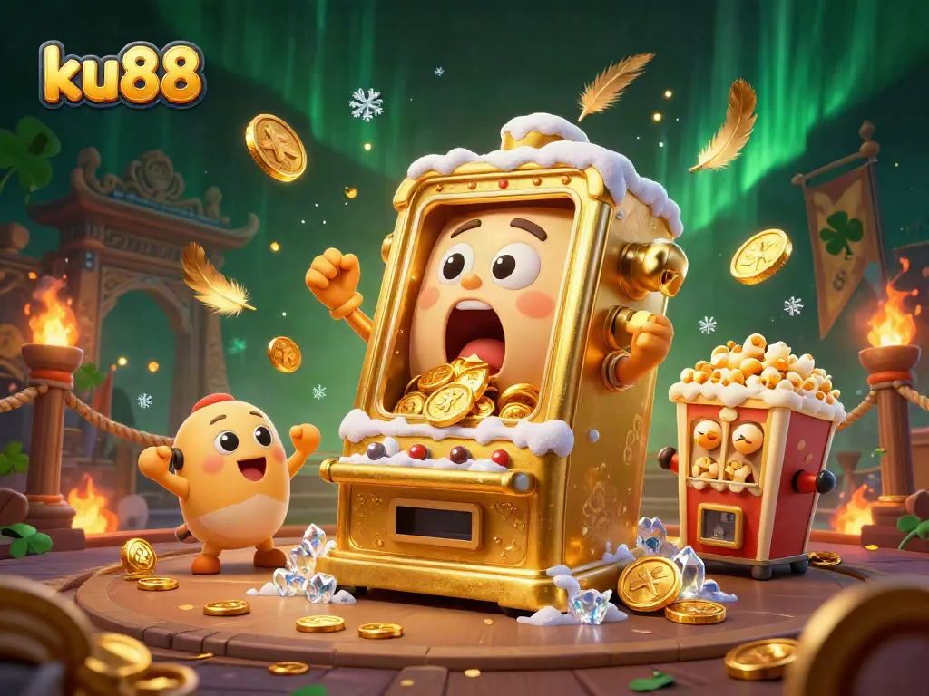 Watch ku88's golden slot machine hits the jackpot, surrounded by cheering machines and interactive casino elements.