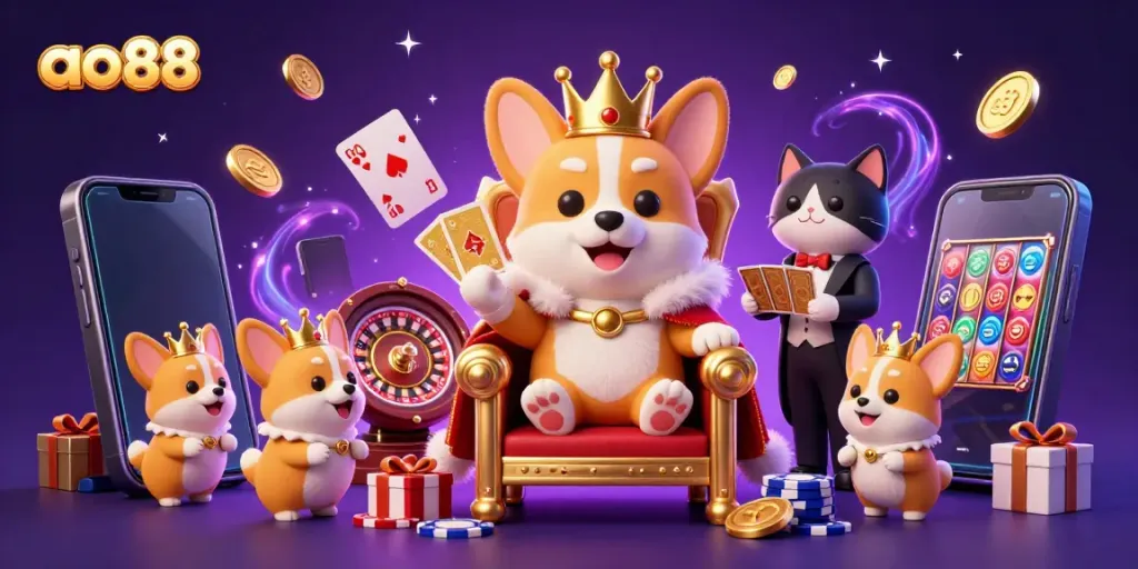 Experience the vibrant ao88 casino world with a royal corgi crowned on poker chips, engaging in festive gaming