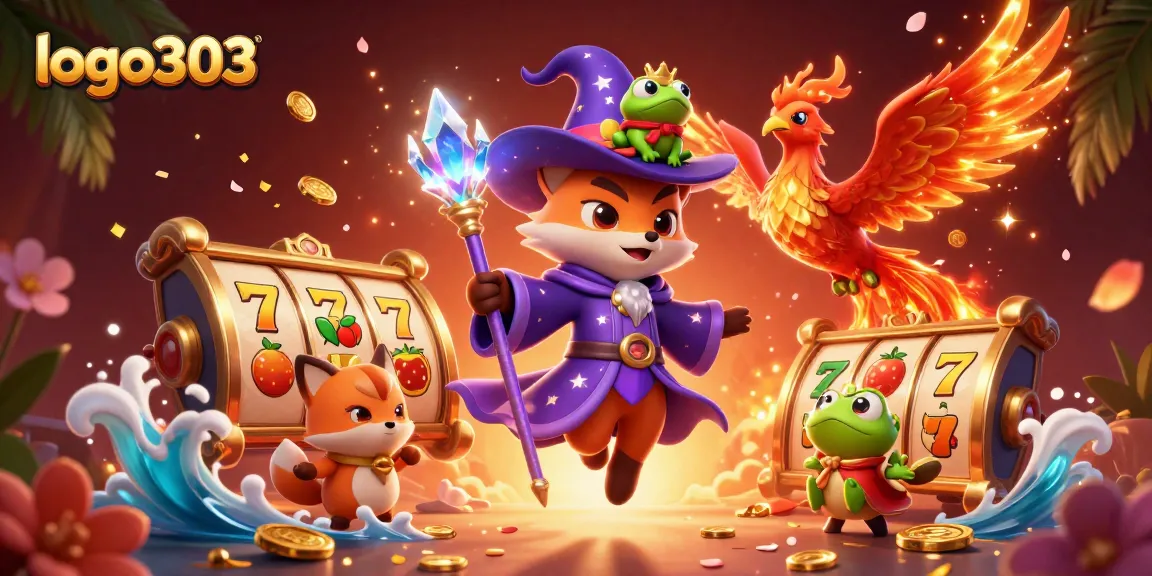 Memutar slot dengan logo303, wizard kartun dan phoenix berapi di latar belakang menarik.