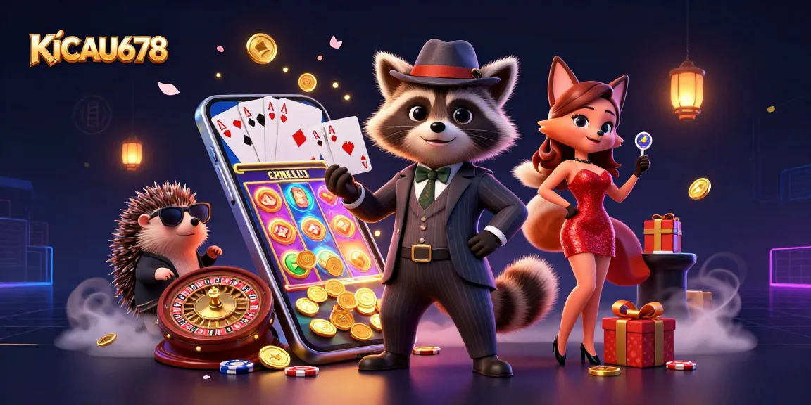 KICAU678 features a suave raccoon flaunting a royal flush, embodying the thrill of casino gaming action.