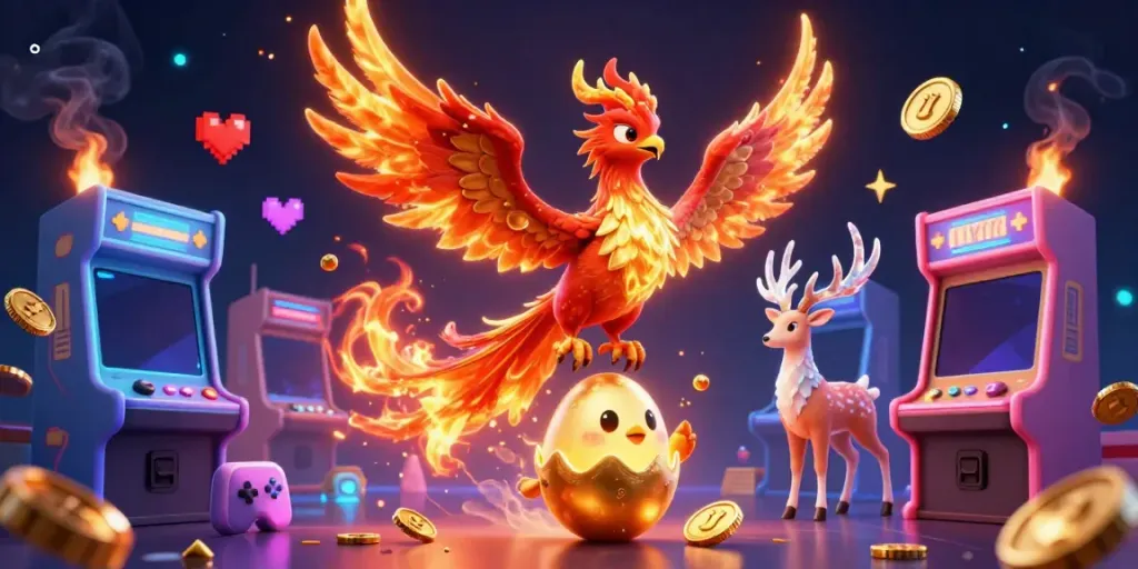 FLY88 casino experience with a dynamic phoenix, neon arcade games, and vibrant gold elements.