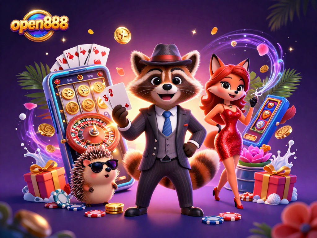 Engage with open888's vibrant casino scene featuring animated characters, colorful slot games, and dynamic casino elements.