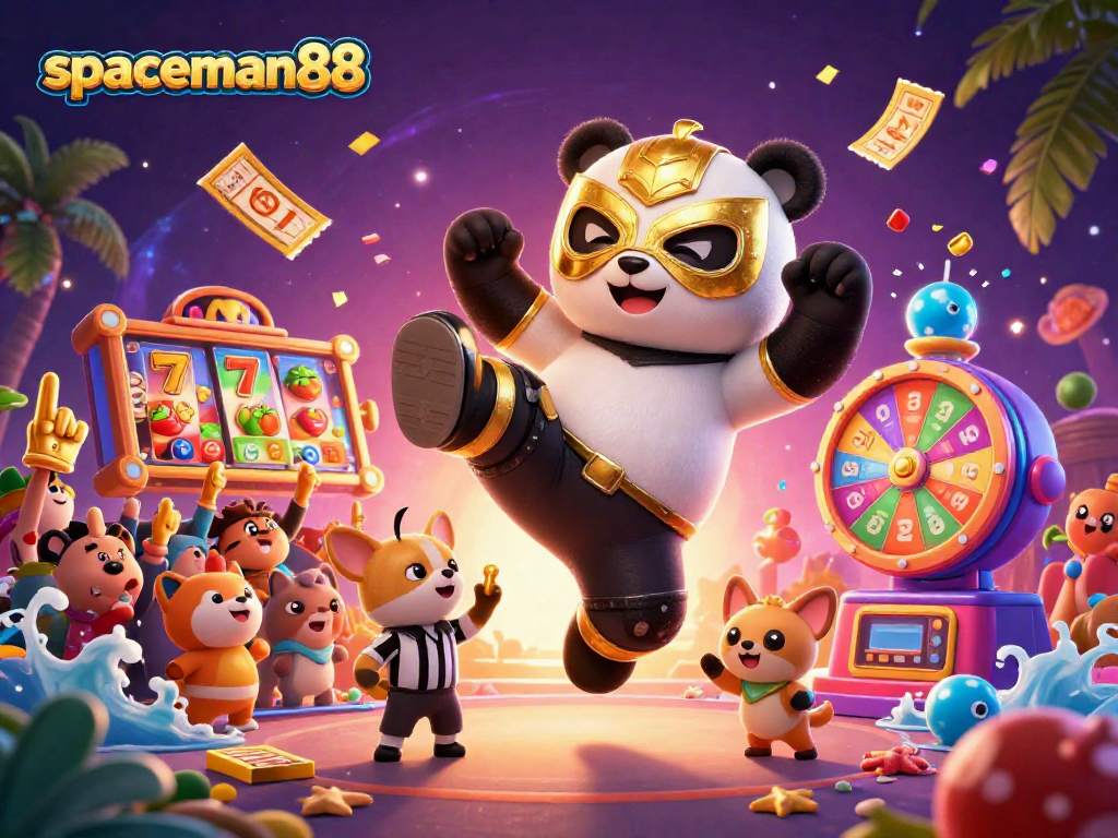 Engage with spaceman88 in an exciting casino scene featuring vibrant slot reels and lively characters.