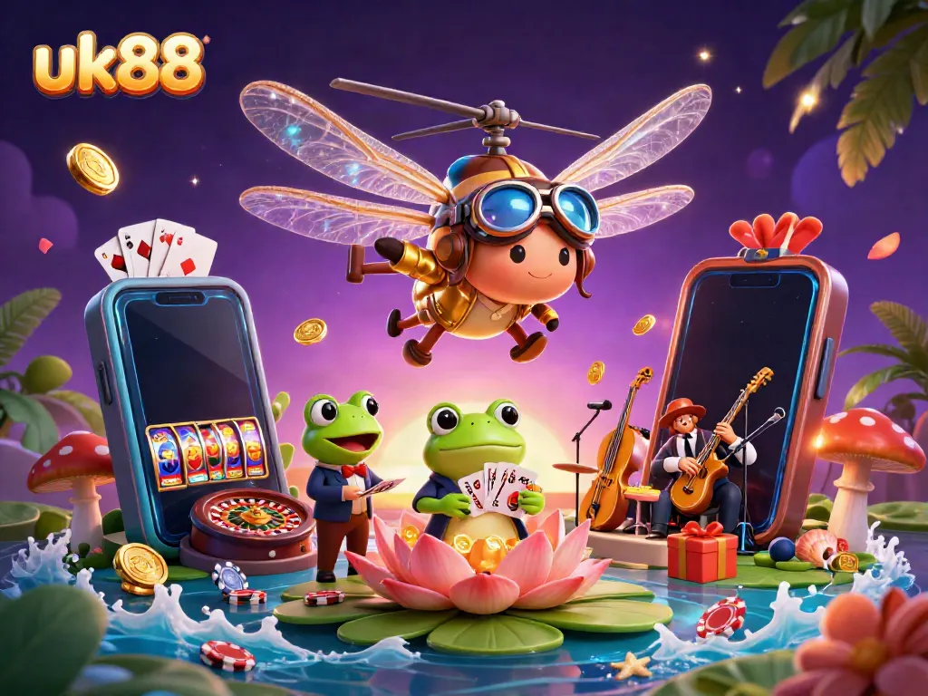 Engage with uk88 as a dragonfly pilot hovers over a vibrant lily pad casino amidst lively gaming elements.